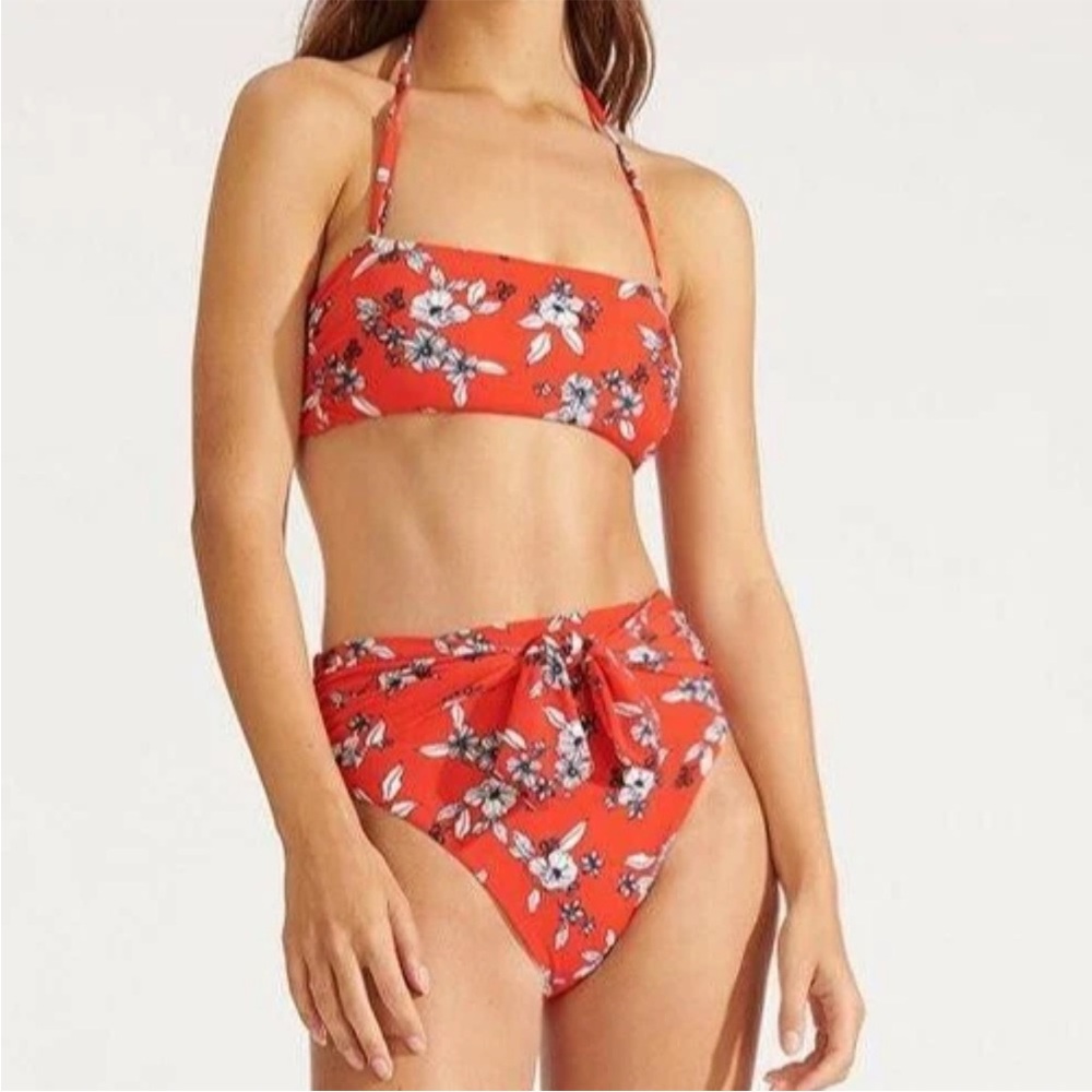 Veronica Beard Red Floral Bandeau Top & Azoia Tie Waist Bikini Bottoms set XS